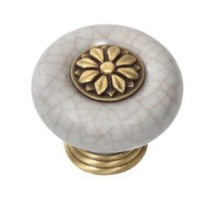 French Porcelain Cabinet Knob Grey and Antique Brass. VS98