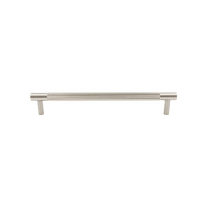 Modern brushed metal drawer pull handle isolated on white background.