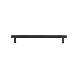 Modern brushed black metal drawer pull handle isolated on white background.